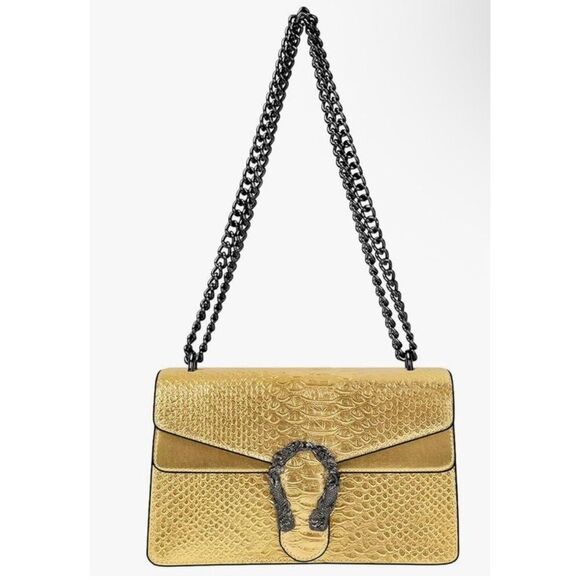 Gold Silver Faux Vegan Alligator Chain Crossbody Satchel Bag - Picture 1 of 5